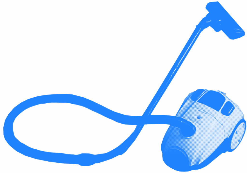 Blauwe risoprint grafische afbeelding van een stofzuiger.