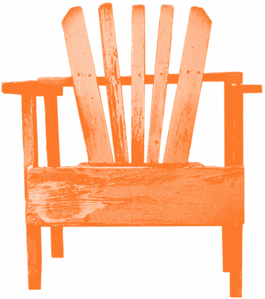 Oranje risoprint grafische afbeelding van een houten tuinstoel.