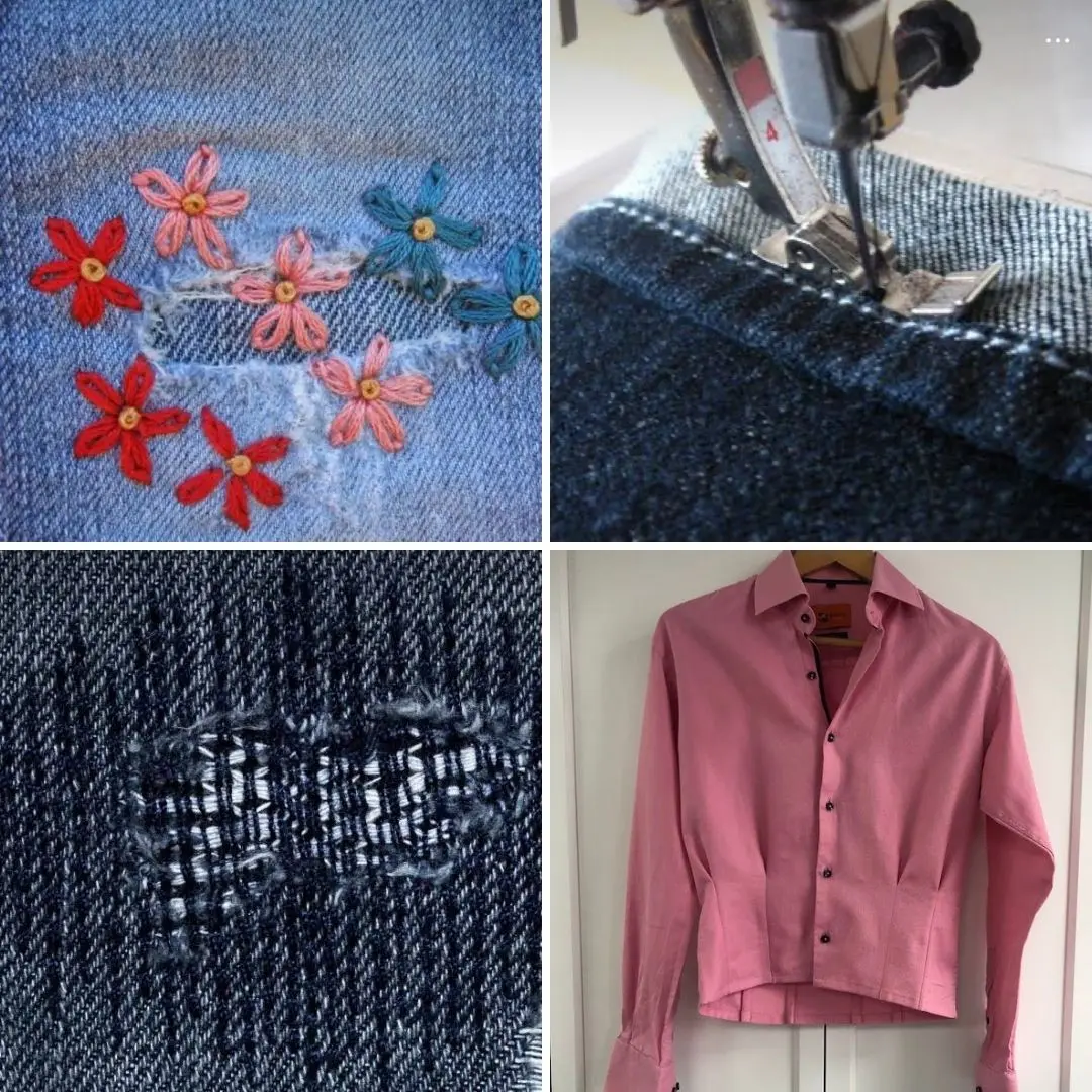 Een vierluik van afbeeldingen met voorbeelden van kledingreparatie. Een voorbeeld is een naaimachine die een broek inkort.
